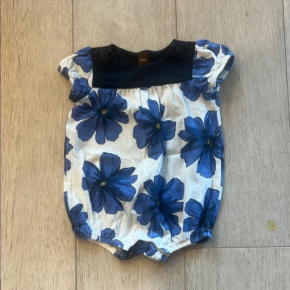 Tea Collection Floral Baby Girl Romper with Blue Flowers 9-12 months